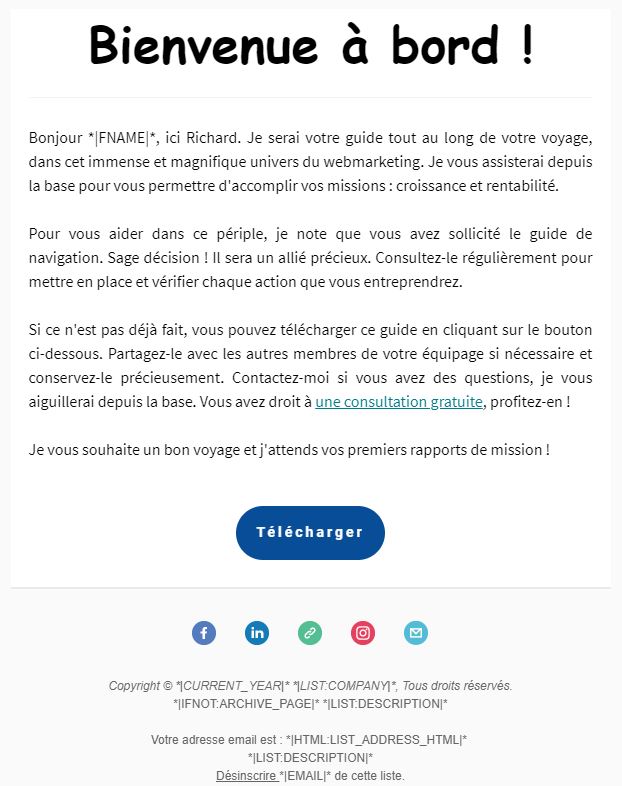 Email Mailchimp automatisé de bienvenue, guide Boostez votre activité grâce au webmarketing. Richard Solaro
