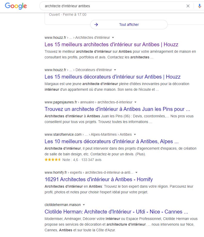 La suite des résultats sur la requête  "architecte d'intérieur antibes". Beaucoup d'annuaires mais une architecte qui se positionne grâce à son site.