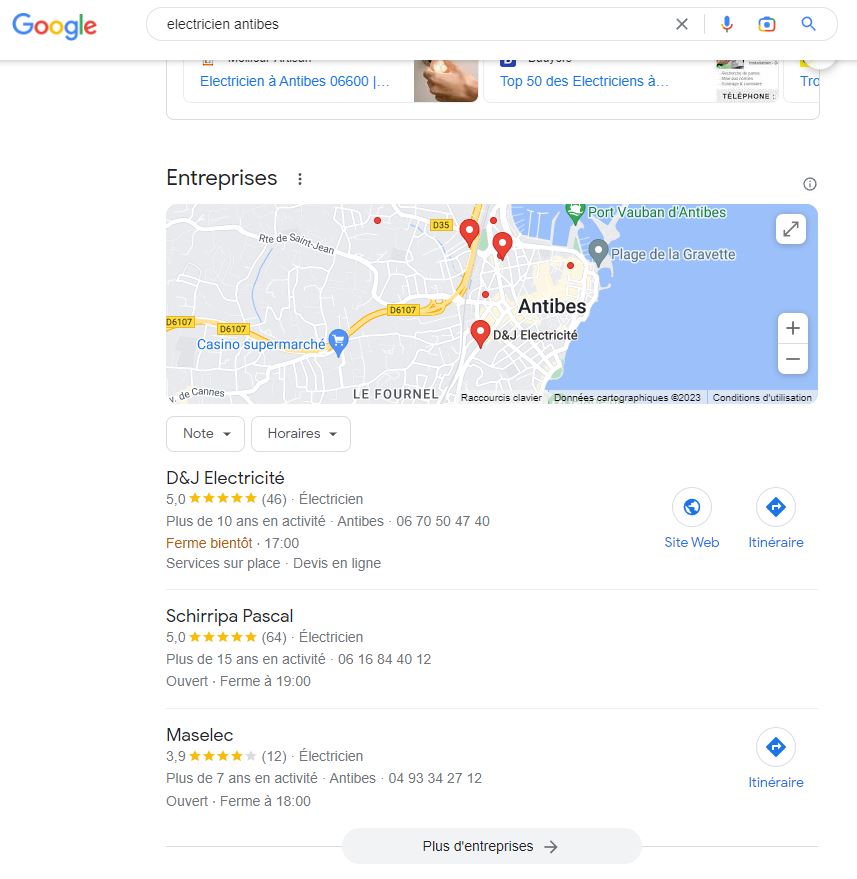 Fiche google électricien Antibes